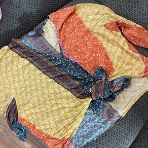 Polly & Esther Yellow and Orange Patchwork Long Sleeve Wrap Blouse